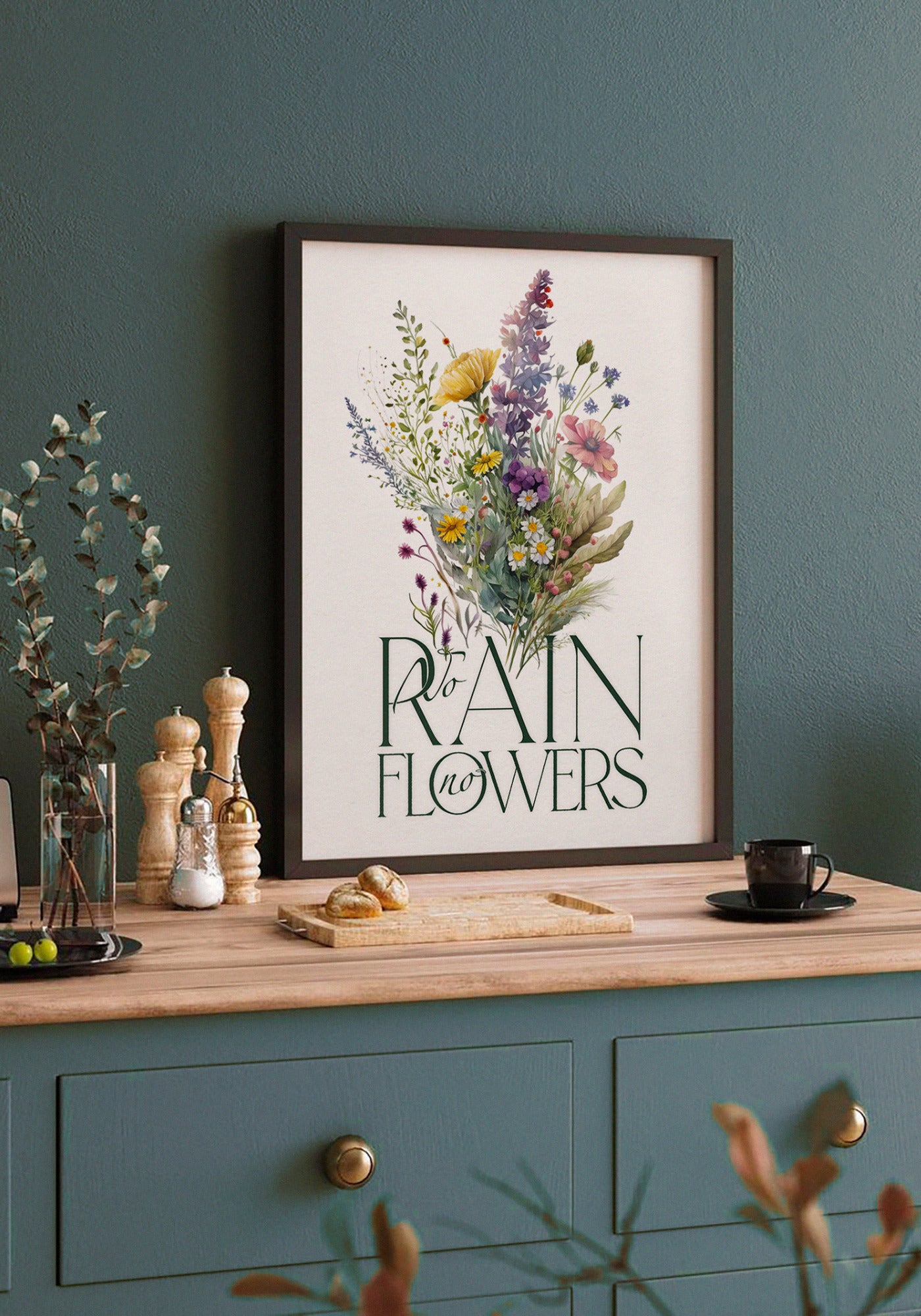 L'affiche illustration et typographie "No rain, no flowers" en 30x40 cm de chez Studio Topo