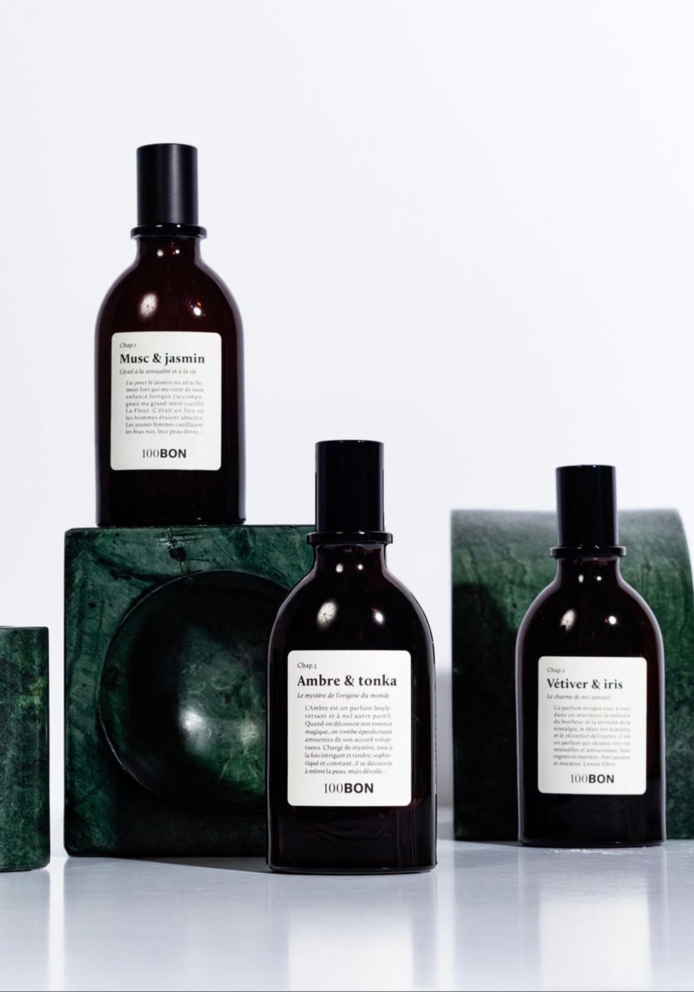 Les eaux de parfum Ellena Musc & Jasmin, Ambre & Tonka et Vétiver & Iris de chez 100Bon