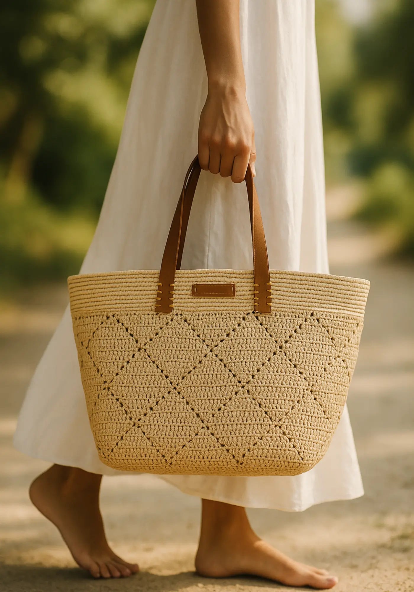 La femme porte le sac naturel Frida de chez Bagatelle