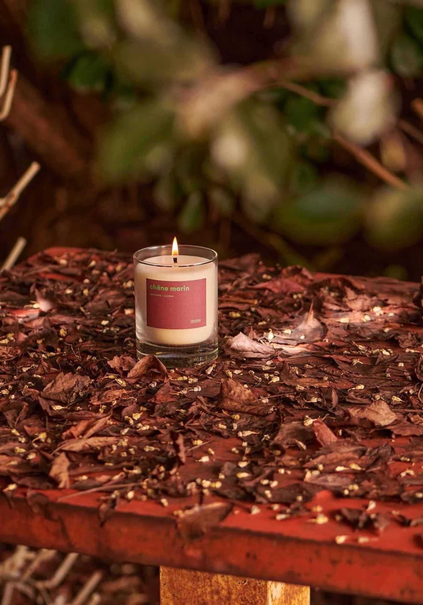 La bougie parfumée chêne marin de chez Récoltes est allumée et posée sur une table en bois remplie de feuilles mortes