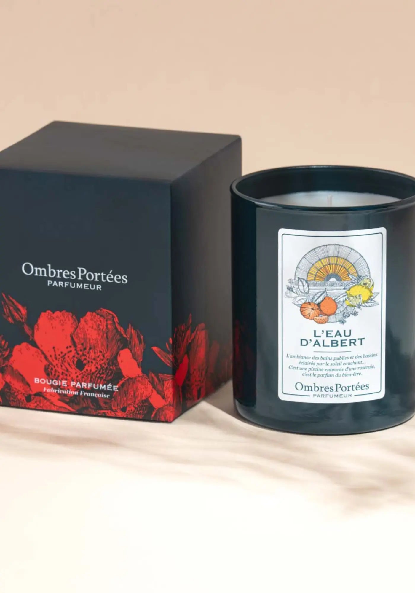 Le packaging de la bougie parfumée Lilloise L'eau d'Albert de chez Ombres Portées
