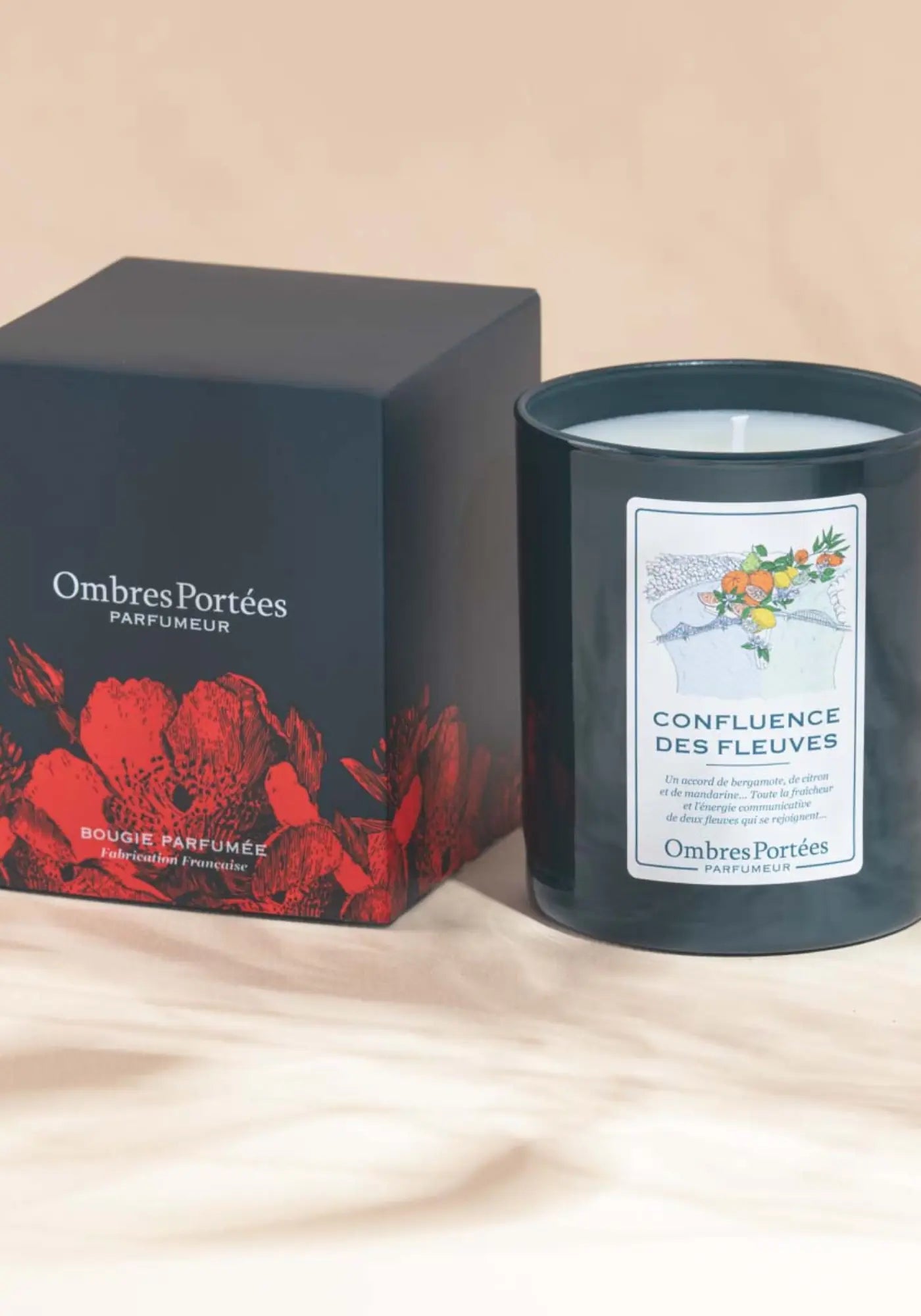 Le packaging de la bougie parfumée Lyonnaise Confluence des fleuves des chez Ombres Portées 