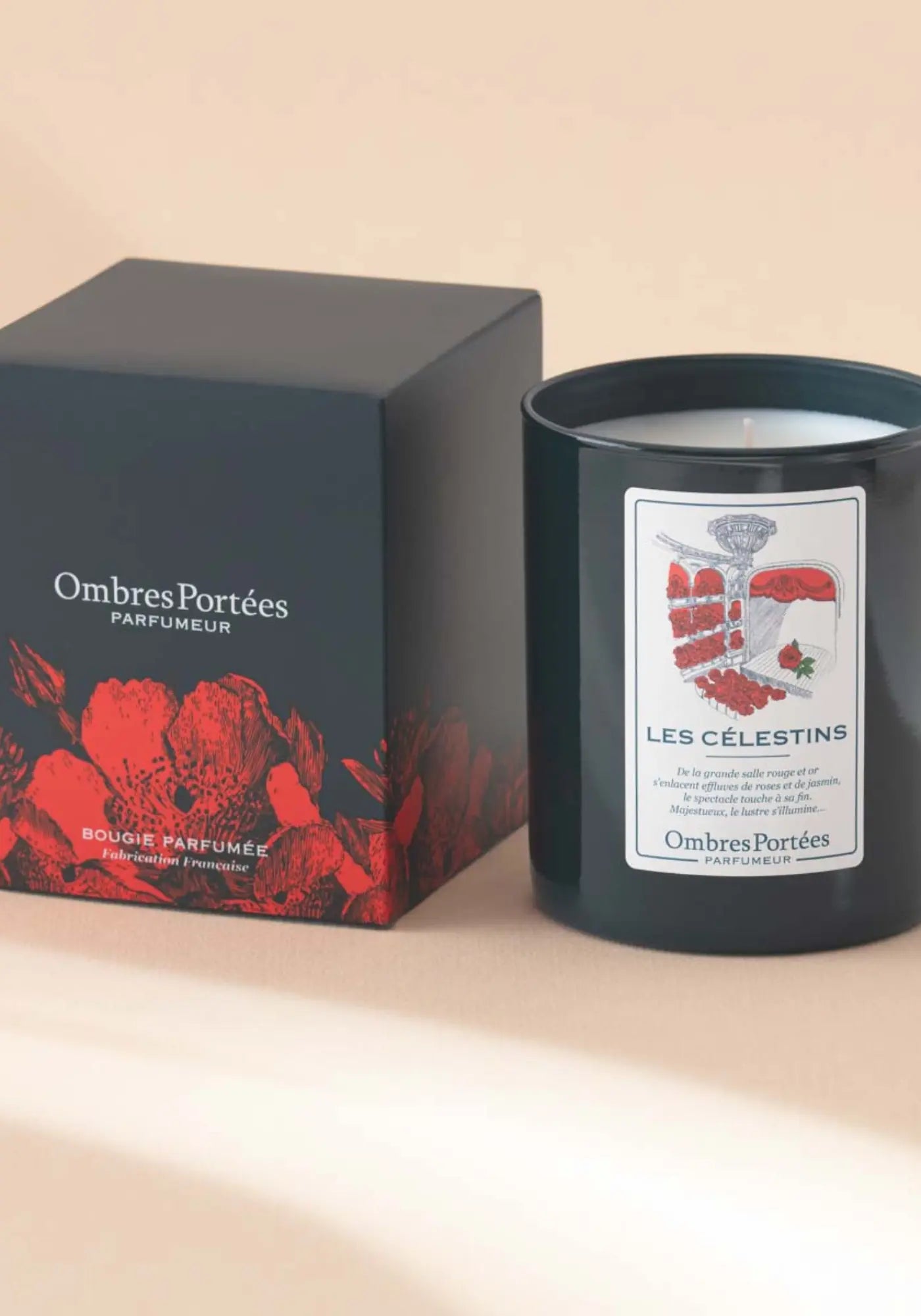 Le packaging de la bougie parfumée Lyonnaise Les Célestins de chez Ombres Portées 