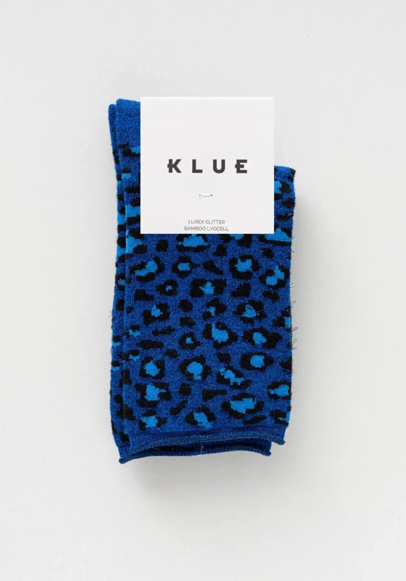 Les chaussettes en lurex léopard night blue de chez Klue