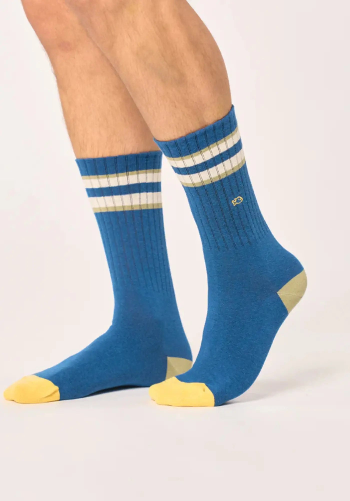 Les chaussettes pour homme la rétro bleu rayé vert et ivoire de chez Billybelt
