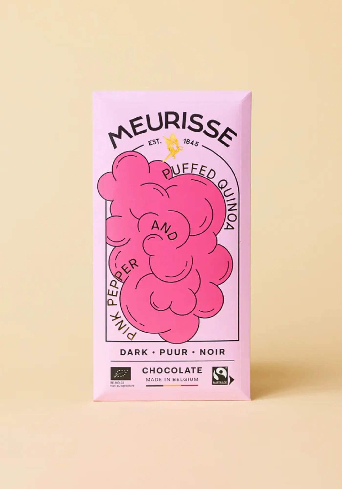 Le chocolat noir 73% au uinoa soufflé et poivre rose de chez Meurisse