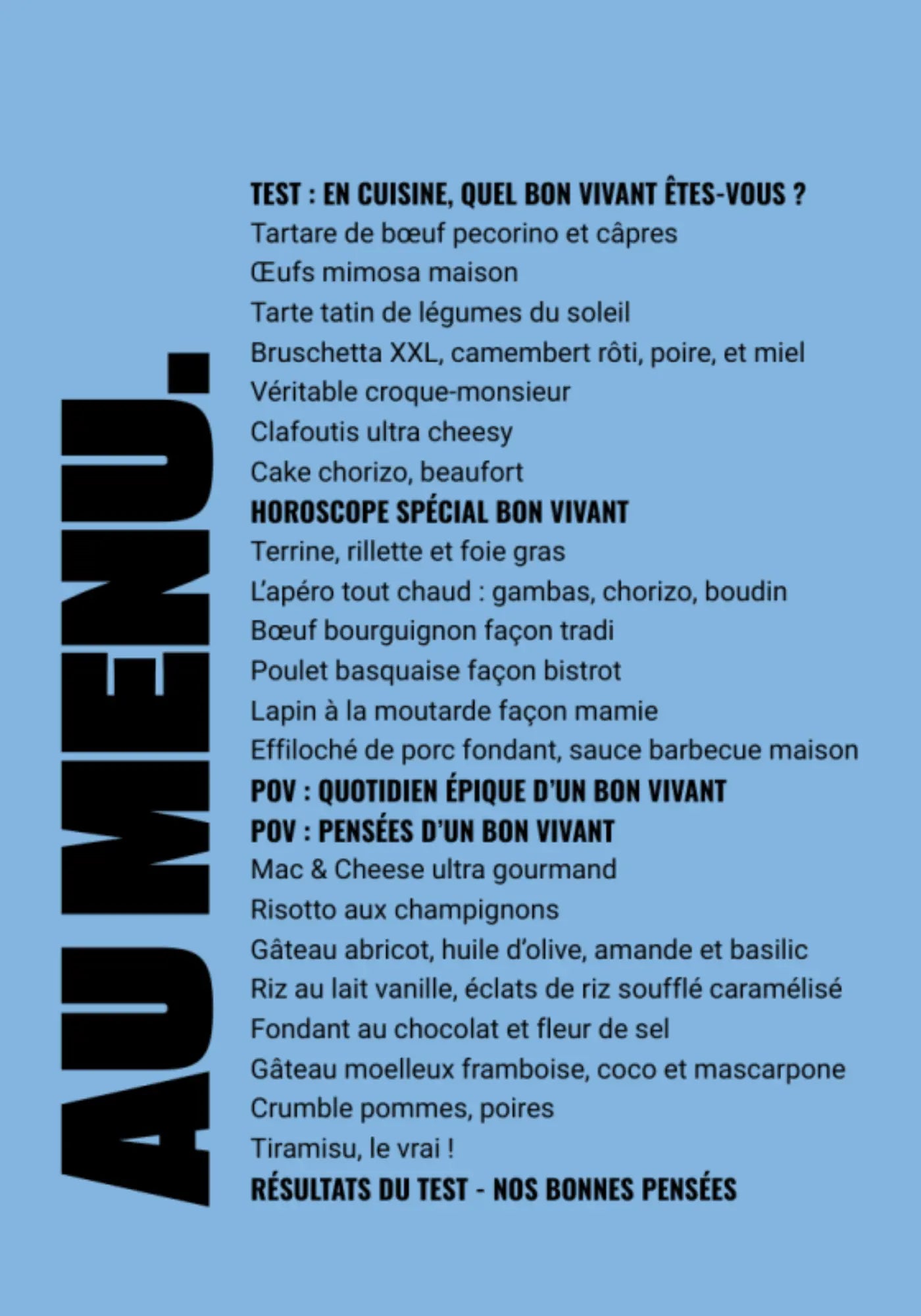 Le menu du livre de recettes bon vivant de chez Cloch