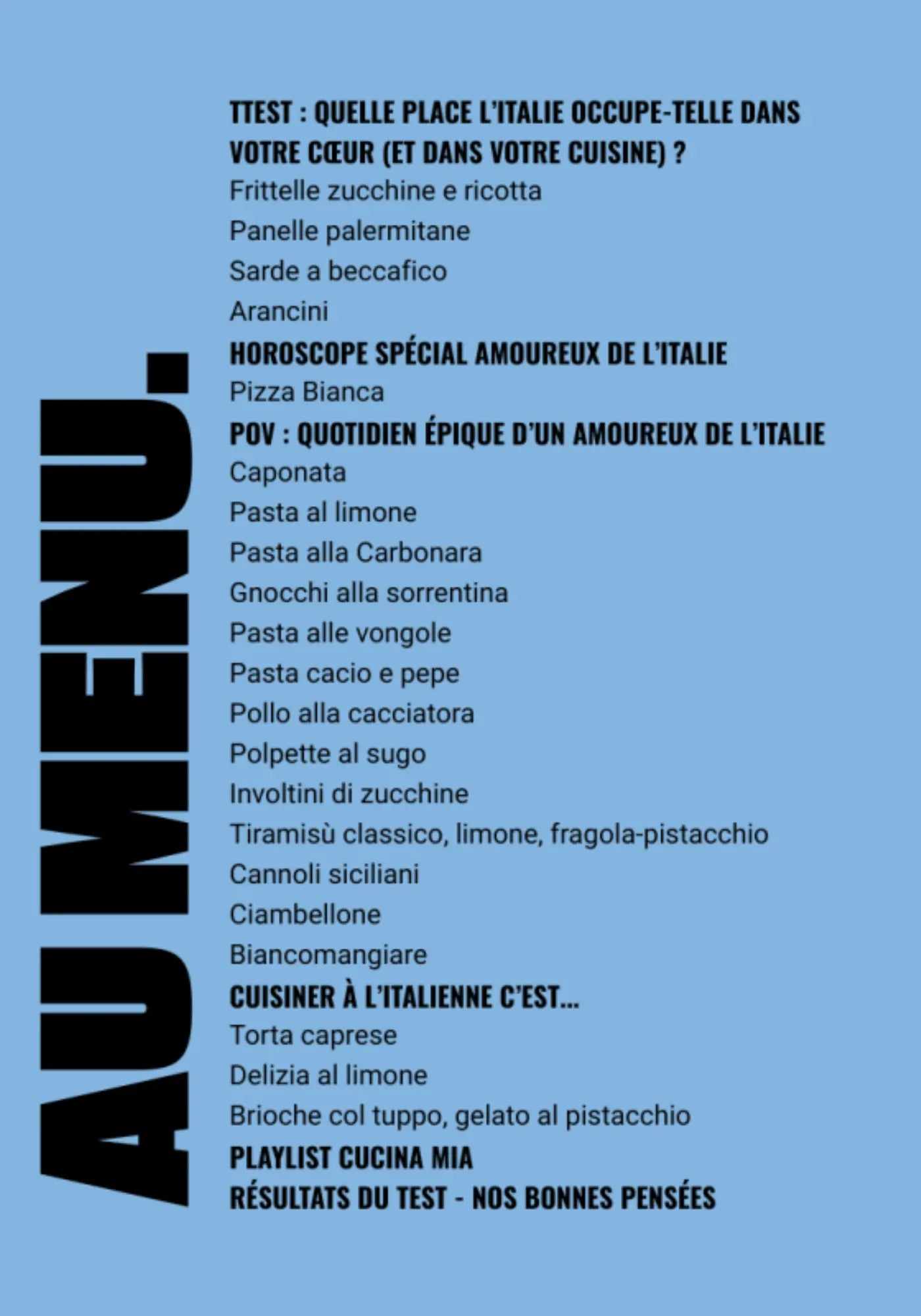 Le menu du livre de recettes Cucina Mia de chez Cloch