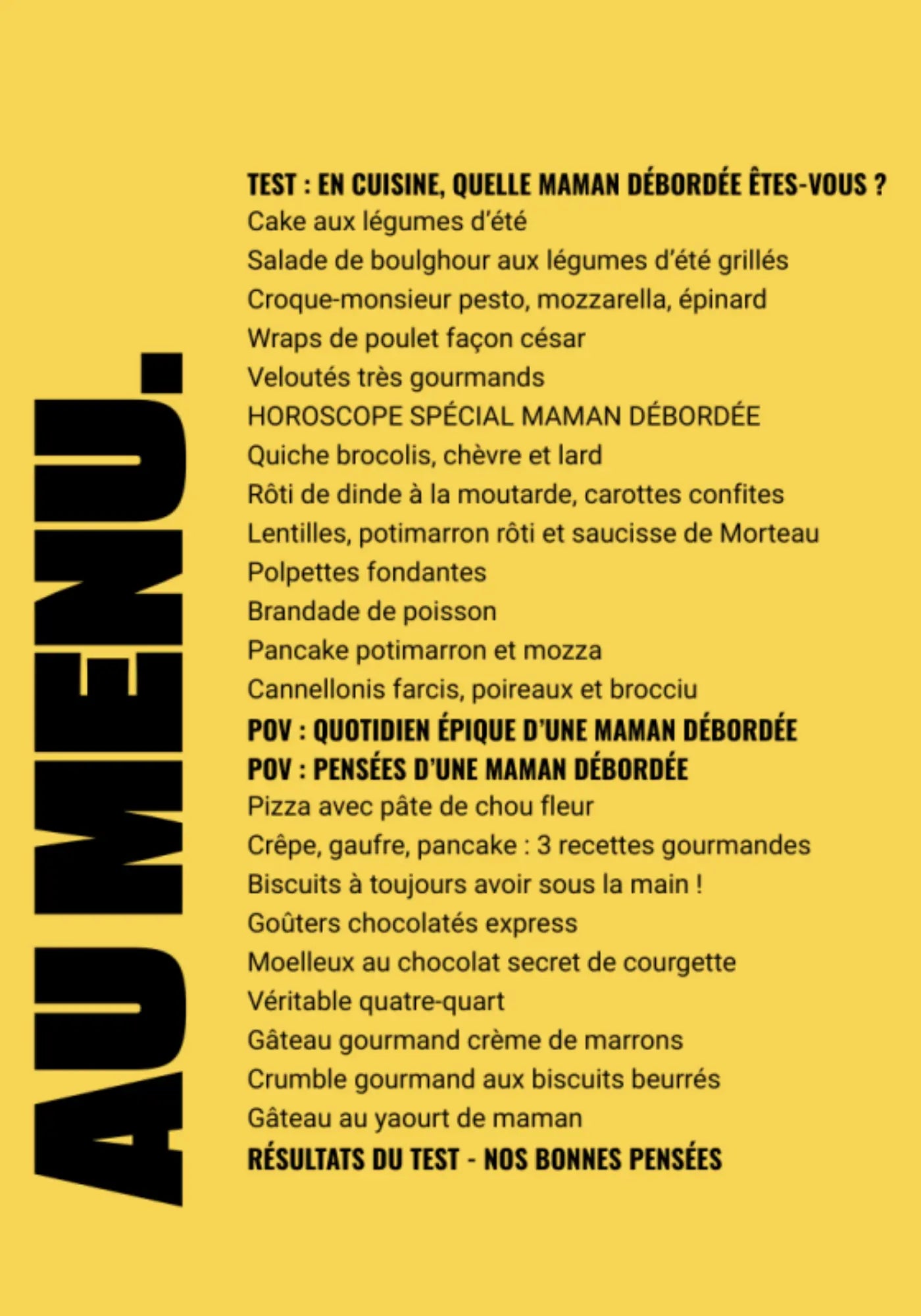 Le menu du livre de recettes maman débordée de chez Cloch