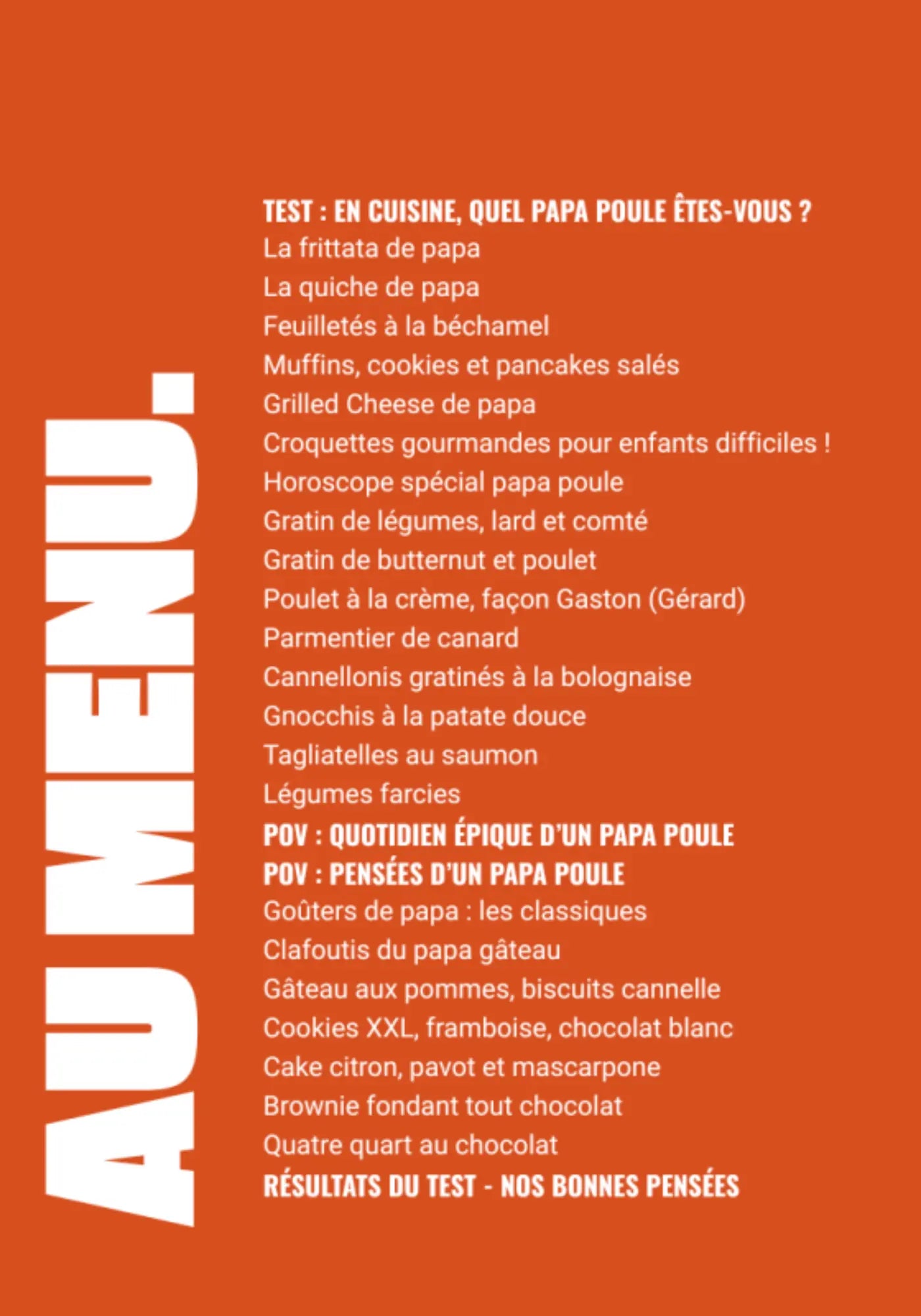 Le menu du livre de recettes Papa Poule de chez Cloch