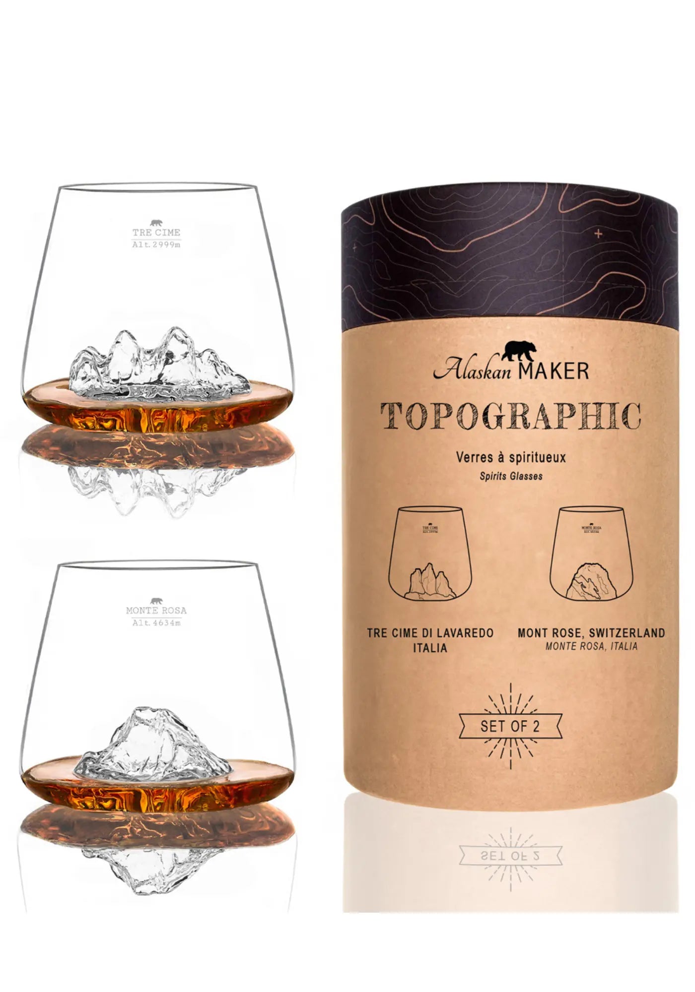 Le set de 2 verres à whisky taillés topographic tre cime di lavaredo & monte rosa de chez Alaskan Maker 