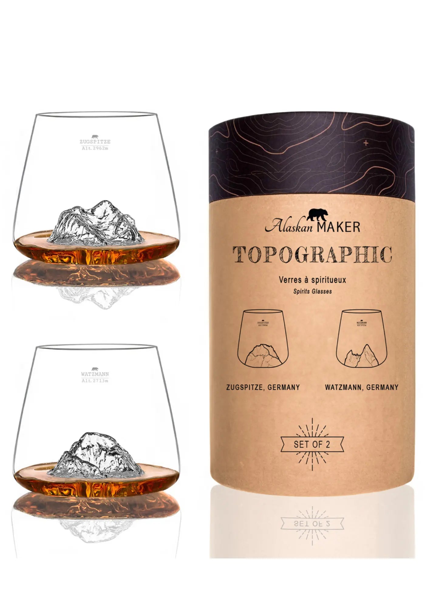 Le set de 2 verres à whisky taillés topographic zugspitze et watzmann de chez Alaskan Maker 
