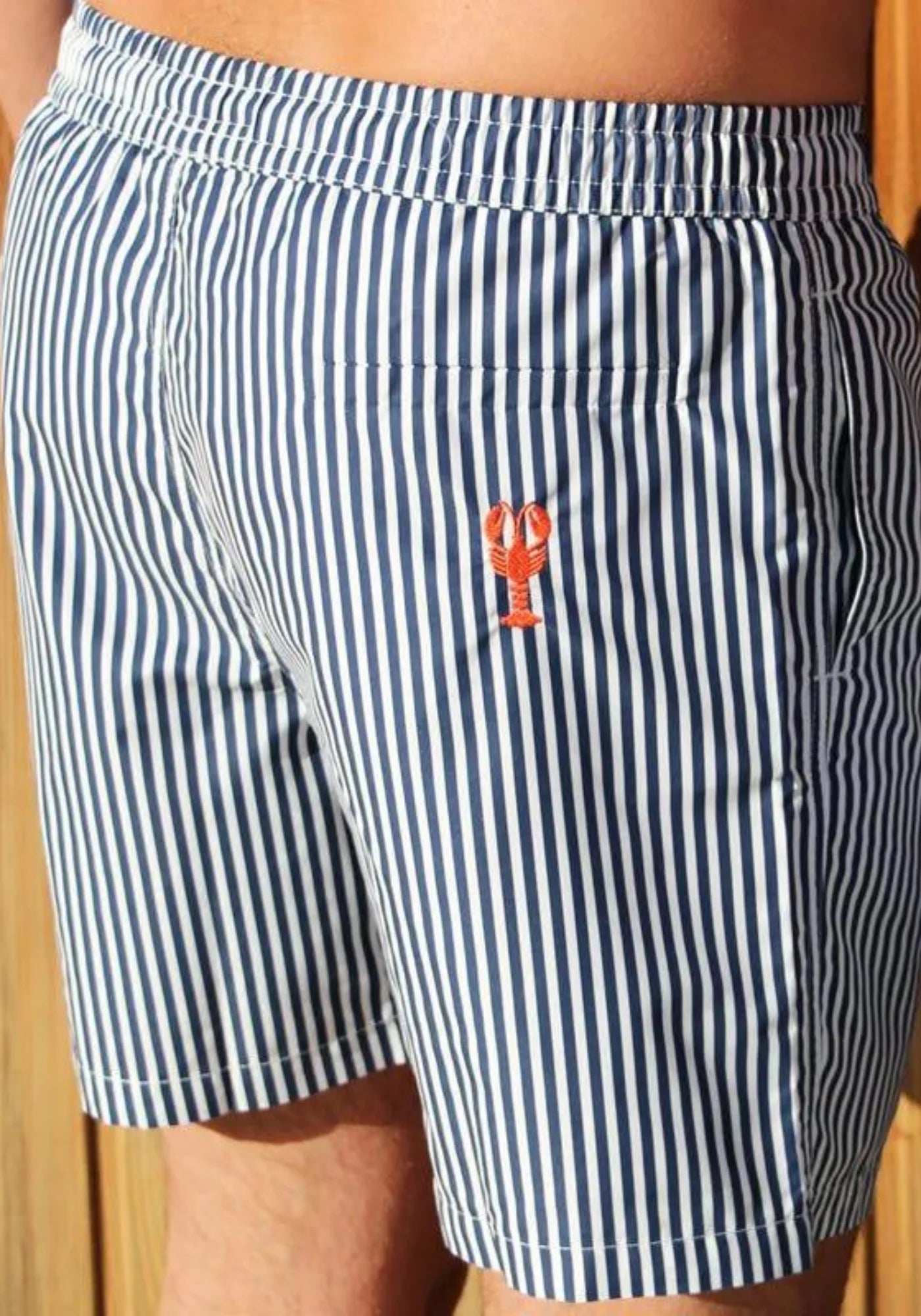L'homme de dos porte le short de bain L'immergé rayé de chez Vendredi Swimwear
